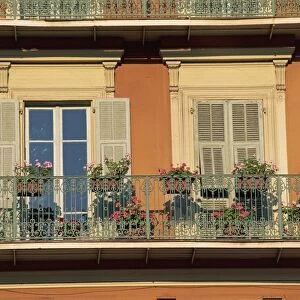 Detail of geraniums on a wrought iron balcony on an ochre coloured house in the Old Town of Nice