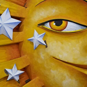 Detail of a giant sunshine made of styrofoam that will appear on a Mardis Gras float