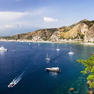 Giardini Naxos Bay, boats in the harbor at Taormina, Sicily, Italy, Mediterranean, Europe