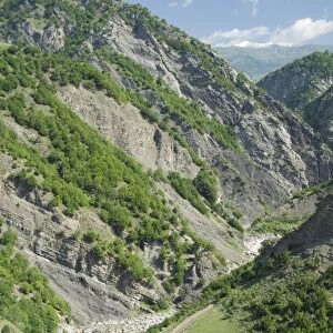Girdmanchay River valley seen from road to mountain village of Lahic, Greater Caucasus Mountains