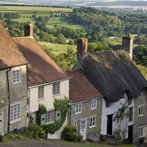 Gold Hill, and view over Blackmore Vale, Shaftesbury, Dorset, England, United Kingdom, Europe