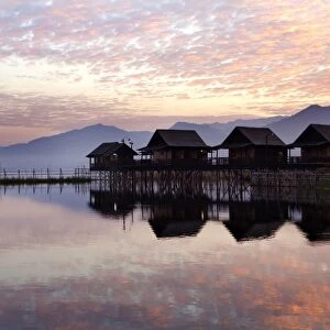 Golden Island Cottages at sunrise, tourist accommodation on Inle Lake, Myanmar (Burma)