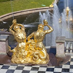 Golden statues and fountains of the Grand Cascade at the Peterhof Palace, St. Petersburg, Russia, Europe
