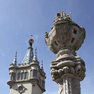 Gothic tower and heraldic column at the Town Hall (Camara Municipal) in Sintra