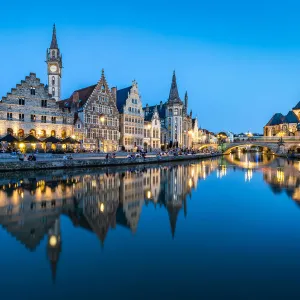 Graslei Quay in the historic city center of Ghent, mirrored in the River Lys during