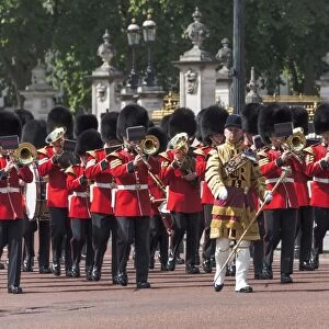 Guards Military Band marching past Buckingham Palace en route to the Trooping of the Colour