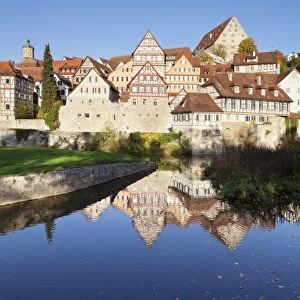 Half-timbered houses on the banks of the Kocher River, Schwaebisch Hall, Hohenlohe, Baden Wurttemberg, Germany, Europe
