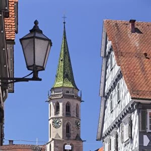 Half-timbered houses at market place, municipal church, Schorndorf, Baden Wurttemberg