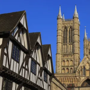 Half-timbered Leigh-Pemberton House and Lincoln Cathedral, from Castle Square, Lincoln