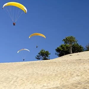 Hang gliders over Dune du Pyla, Bay of Arcachon, Cote d Argent, Gironde