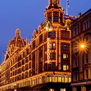 Harrods department store at dusk, Knightsbridge, London, England, United Kingdom, Europe