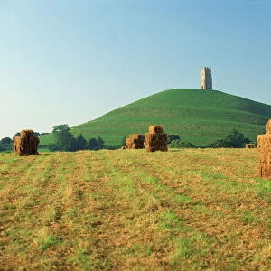 Harvested fields before Glastonbury Tor, Somerset, England, United Kingdom, Europe