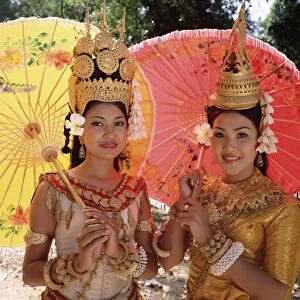 Head and shoulders portrait of two traditional Cambodian apsara dancers