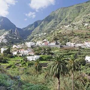 Hermigua, Roques de San Pedro Rock, terraecd fields, La Gomera, Canary Islands, Spain, Europe