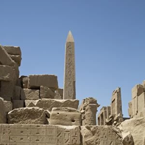 Hierogyliphics in foreground, Obelisk of Tuthmosis in the background, Karnak Temple