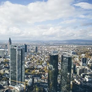 High angle view of financial centre, Frankfurt-am-Main, Hesse, Germany, Europe