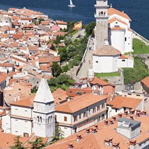 High angle view of the old town with the cathedral of St. George, Piran, Istria, Slovenia, Europe