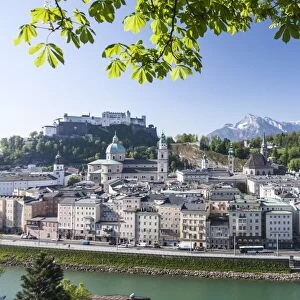 High angle view of the Old Town, UNESCO World Heritage Site, with Hohensalzburg Fortress, Dom Cathedral and Kappuzinerkirche Church, Salzburg, Salzburger Land, Austria, Europe