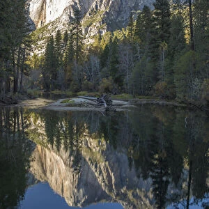 High granite cliffs reflected in the tranquil Merced River, autumn, Yosemite Village