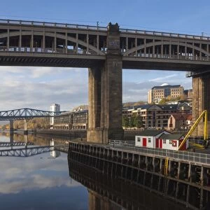 High Level Bridge, designed by Robert Stevenson in 1847, finished in 1849, structure of wrought Iron, railway and road bridge across the River Tyne, Redheugh Bridge beyond, Tyne and Wear, England, United Kingdom, Europe