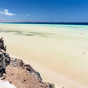 High tide over the white sand beach Playa de Sotavento de Jandia, Fuerteventura