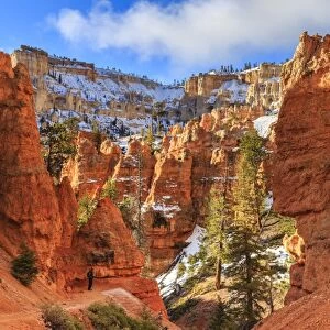 Hiker takes a break on the Peekaboo Loop Trail in winter, with snowy red rocks and cliffs, Bryce Canyon National Park, Utah, United States of America, North America