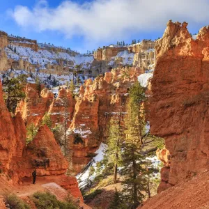 Hiker takes a break on the Peekaboo Loop Trail in winter, with snowy red rocks and cliffs, Bryce Canyon National Park, Utah, United States of America, North America