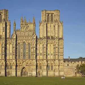 The historic western facade of Wells Cathedral, with its twin square towers, in Wells