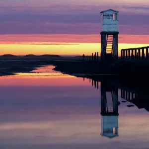 Holy Island Causeway at sunrise, Lindisfarne, Northumberland, England, United Kingdom