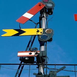 Home and Distant signals (GWR) on gantry, Newton Abbot, Devon, England