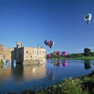 Hot air balloons taking off from Leeds Castle grounds, Kent, England, United Kingdom