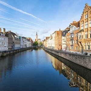 Houses and belfry on canal, Bruges, West Flanders province, Flemish region, Belgium
