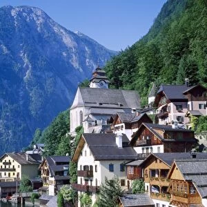 Houses, chalets and the church of the village of Hallstatt in the Salzkammergut