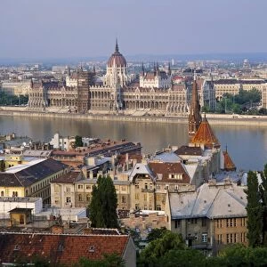 Houses and church in Buda with the River Danube beyond