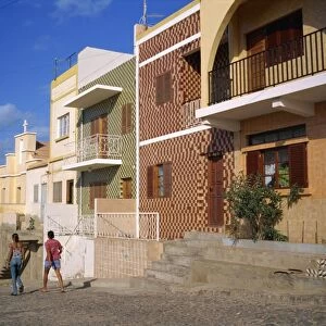 Houses, some decorated with tiles, on a street in Mindelo, on Sao Vicente Island