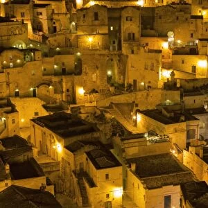 Houses at night in the Sassi area of Matera, Basilicata, Italy, Europe