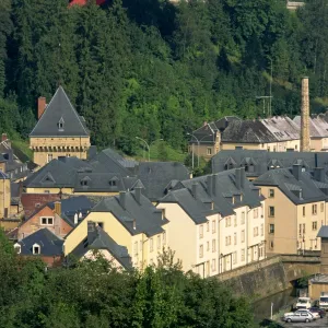 Houses and trees below Catherine Bridge in Luxembourg