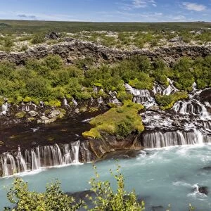Hraunfossar, a series of waterfalls pouring into the Hvita River, Borgarfjordur, western Iceland