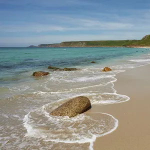 The huge beach at Whitesand Bay, at Sennen Cove, with Cape Cornwall in the distance