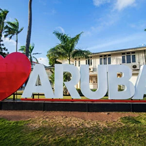 I love aruba sign in downtown Oranjestad, capital of Aruba, ABC Islands, Netherlands Antilles, Caribbean, Central America