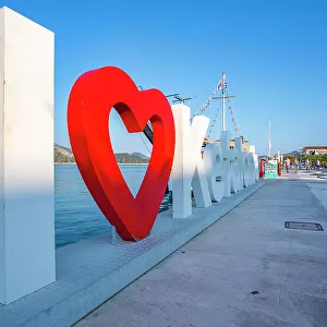 I Love Kefalonia sign in Argostoli, capital of Cephalonia, Argostolion, Kefalonia, Ionian Islands, Greek Islands, Greece, Europe