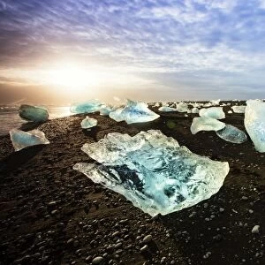 Icebergs on a black sand volcanic beach next to the Jokulsarlon glacial lake in Vatnajokull