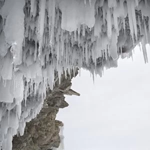 Icicles formed on the roof of caves at Olkhon Island as the waves enter the cave and freeze at the beginning of winter, Lake Baikal, Irkutsk Oblast, Siberia, Russia, Eurasia