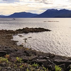 Icy Strait Point, near Hoonah, shore and kayaks, distant mountains, summer, Chichagof Island
