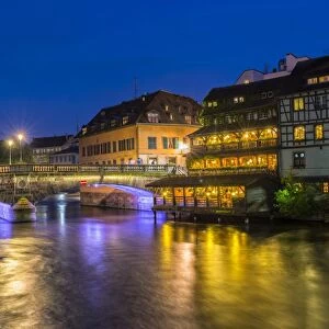 Ill canal at night, Strasbourg, Alsace, Bas-Rhin Department, France, Europe