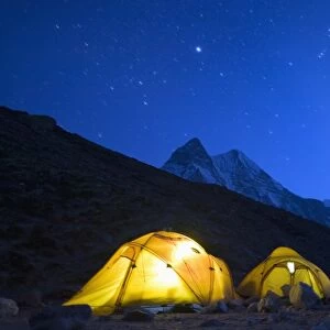 Illuminated tents at Island Peak Base Camp, Solu Khumbu Everest Region