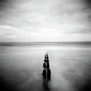 Image taken with a Holga medium format 120 film toy camera of view out to North Sea at dusk with sea washing around old wooden groynes, Alnmouth, Northumberland, England, United