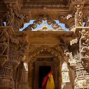 Indian lady in traditional dress in a temple in Jaisalmer, Rajasthan, India, Asia