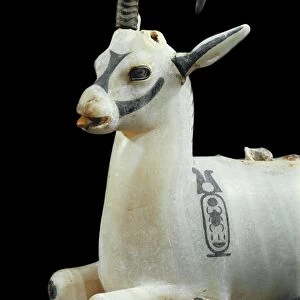 Inlaid alabaster unguent jar in the form of an ibex, with one natural horn
