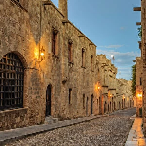 Inns at dusk, Street of the Knights, blue hour, Medieval Old Rhodes Town, UNESCO